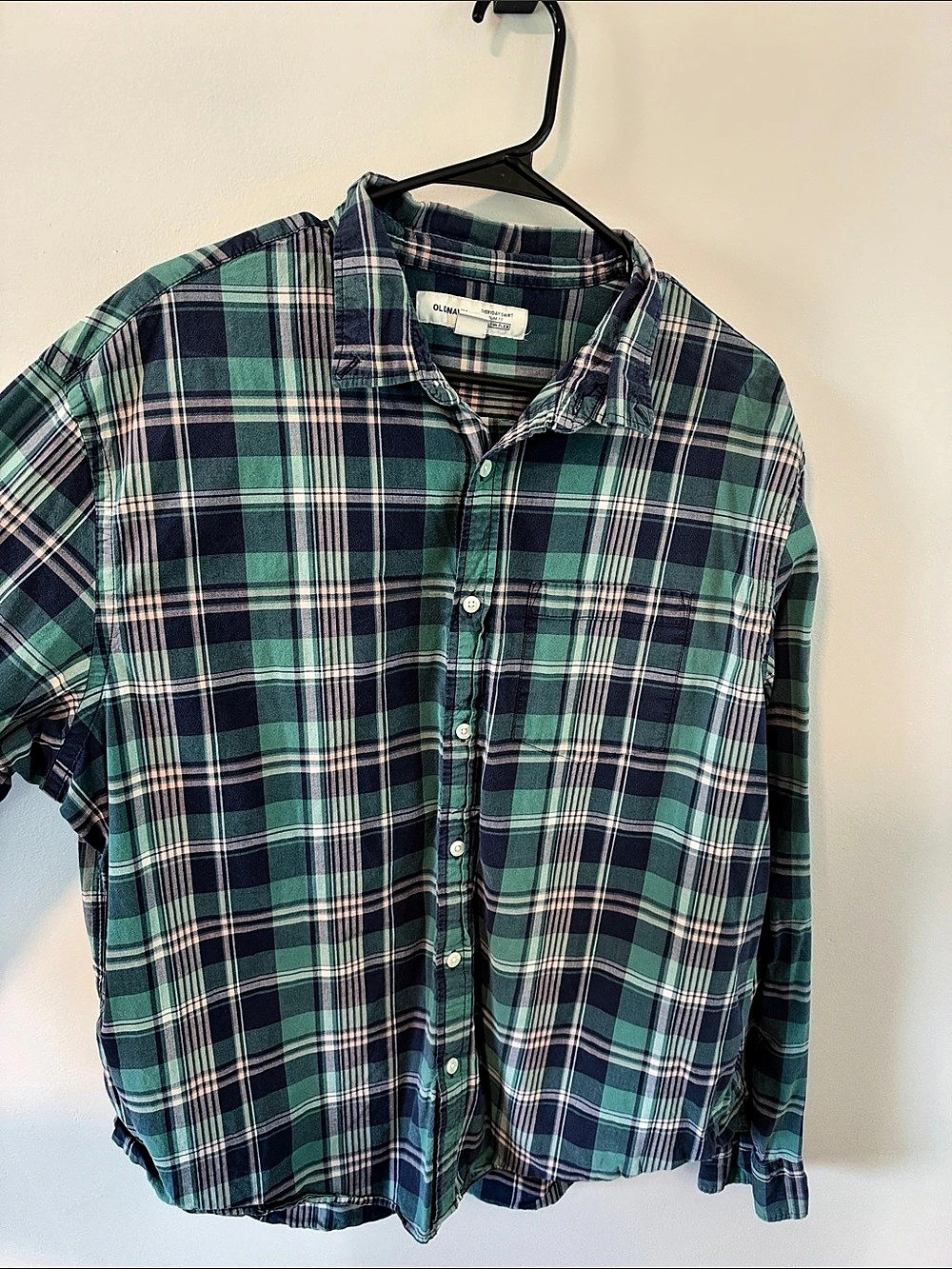 Old Navy Everyday Shirt Slim Fit Built-In Flex Plaid Green & Blue XXL